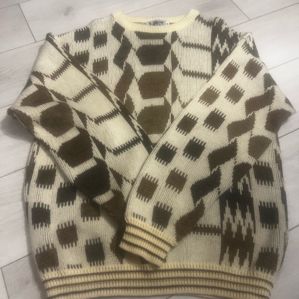 Men's Geometric Crewneck Sweater - Cream and Brown LAVANE